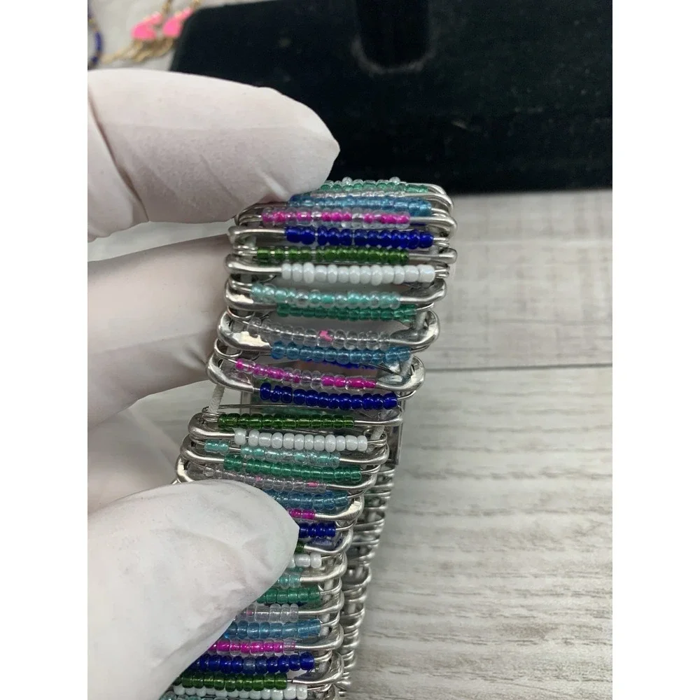 Wristwatch Silver Tone Rectangular White Face Colorful Beaded Paper Clip‎ Band
